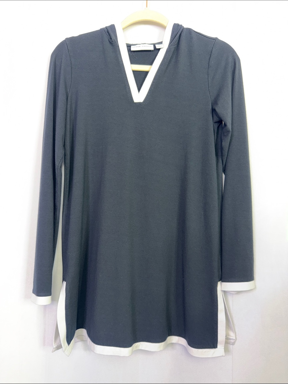Susan Graver Black V-Neck Long Sleeve Hooded Tunic with White Trim